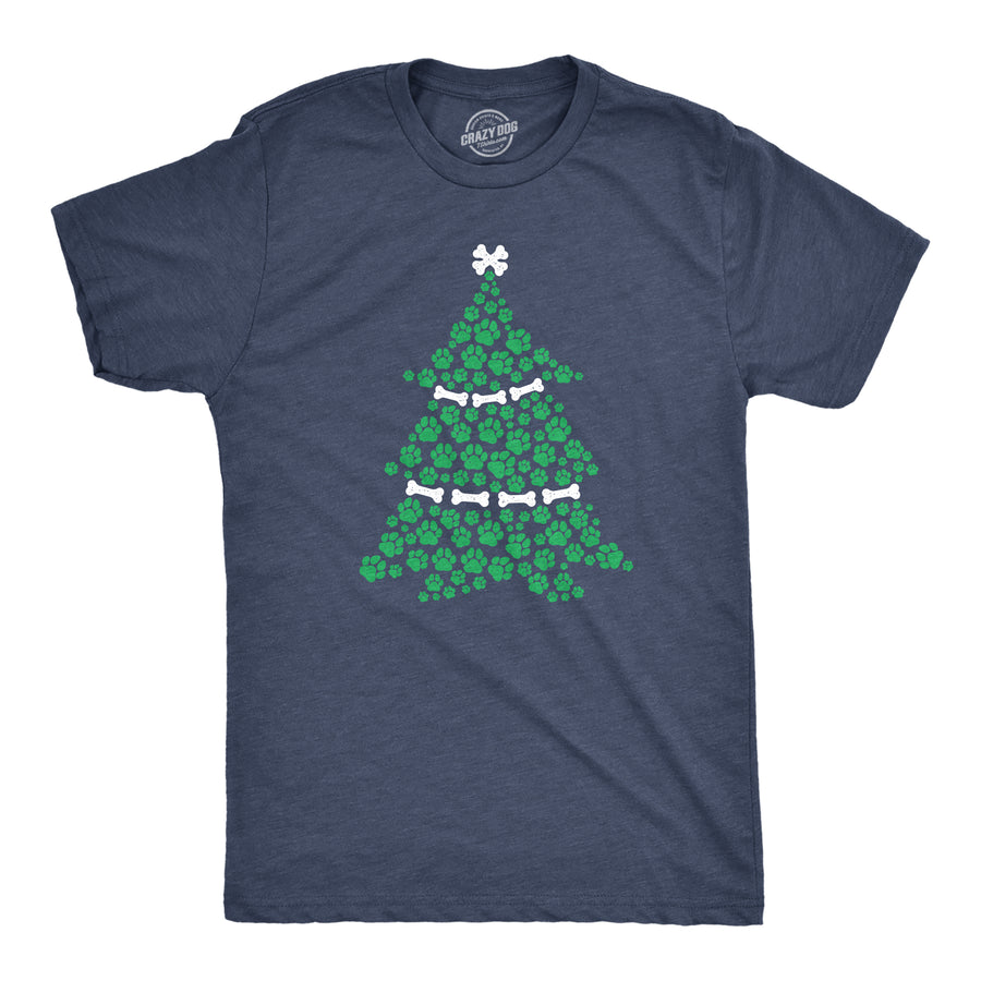 Funny Heather Navy Dog Paw Christmas Tree Mens T Shirt Nerdy Christmas Dog Tee