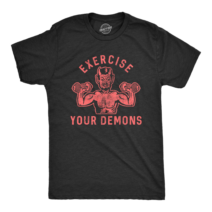 Funny Heather Black Exercise Your Demons Mens T Shirt Nerdy Halloween Fitness Tee