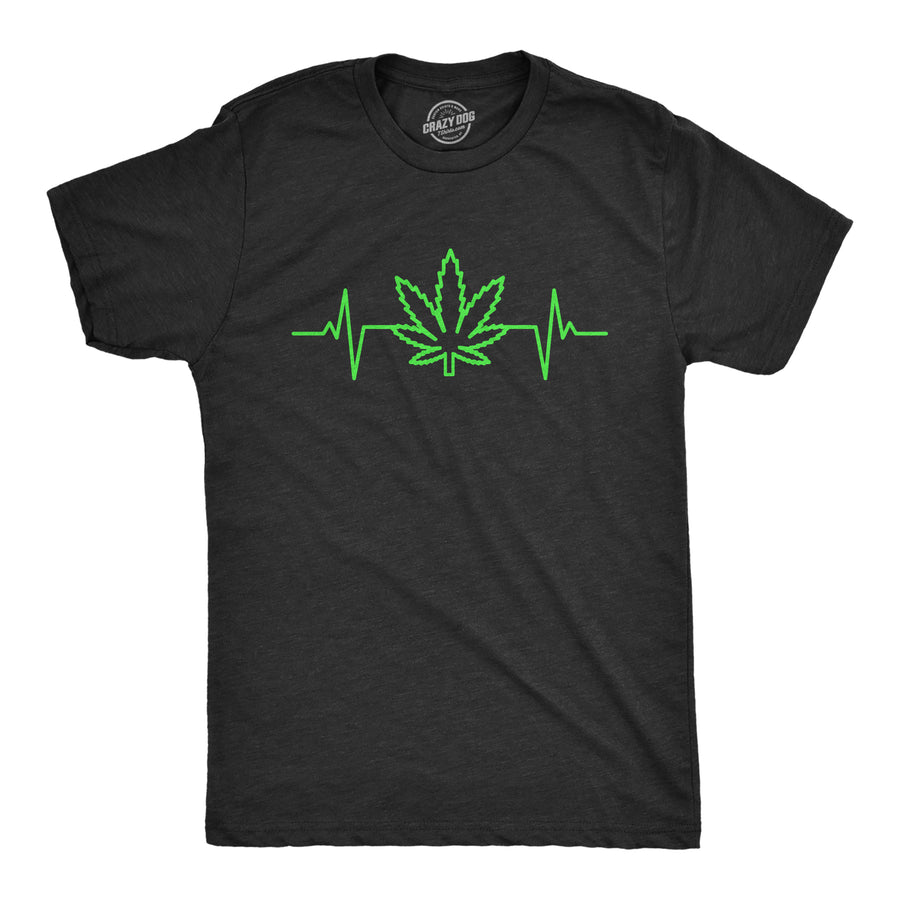 Funny Heather Black Pot Leaf Heart Beat Mens T Shirt Nerdy 420 Sarcastic Tee